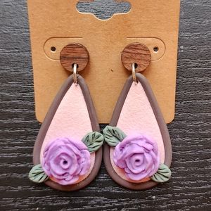 Wood and purple clay flower earrings